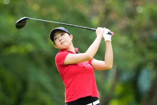 Emi Sato of Japan hits her tee shot on the 1st hole during the first round of the San-In Goen Musubi Ladies at Daisenheigen Golf Club on August 25,...