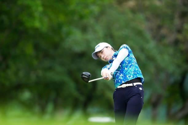 Rieko Sakashita of Japan plays her tee shot on the 10th hole during the first round of the San-In Goen Musubi Ladies at Daisenheigen Golf Club on...