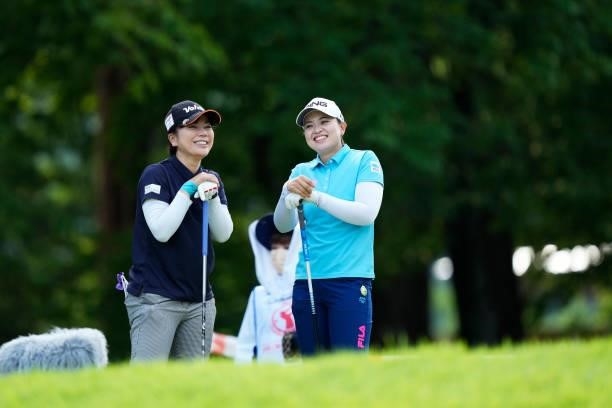 Megumi Shimokawa and Himawari Ogura of Japan during the first round of the San-In Goen Musubi Ladies at Daisenheigen Golf Club on August 25, 2021 in...