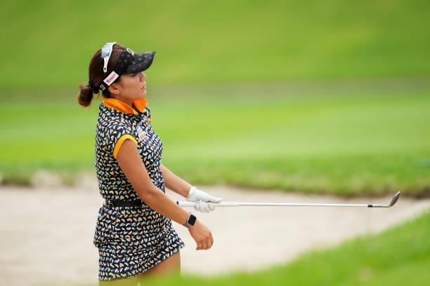 Eri Joma of Japan hits out of the bunker on the 17th hole during the first round of the San-In Goen Musubi Ladies at Daisenheigen Golf Club on August...