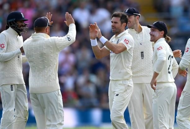 James Anderson of England celebrates dismissing Cheteshwar Pujara of India during day one of the Third LV= Insurance Test Match between England and...