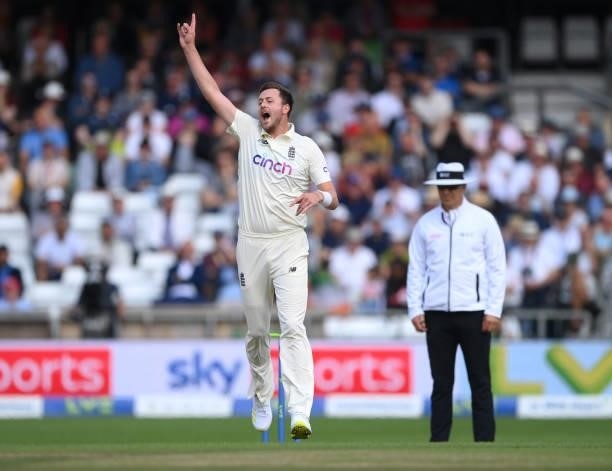 England bowler Ollie Robinson appeals in vain for a wicket during day one of the Third Test Match between England and India at Emerald Headingley...