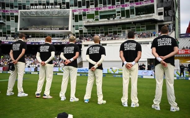 England stand for a Moment of Unity whilst wearing Anti-Discrimination T-shirts ahead of day one of the Third LV= Insurance Test Match between...