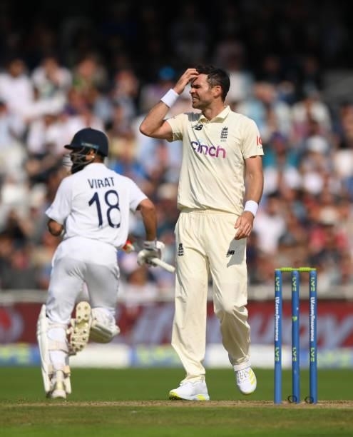 England bowler James Anderson reacts as Virat Kohli picks up some runs during day one of the Third Test Match between England and India at Emerald...