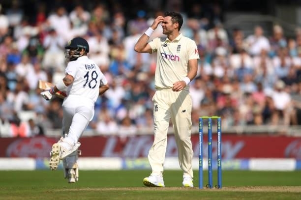 England bowler James Anderson reacts as Virat Kohli picks up some runs during day one of the Third Test Match between England and India at Emerald...