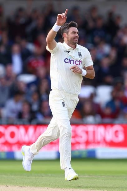 James Anderson of England celebrates taking the wicket of Cheteshwar Pujara at Emerald Headingley Stadium on August 25, 2021 in Leeds, England.