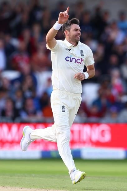 James Anderson of England celebrates taking the wicket of Cheteshwar Pujara at Emerald Headingley Stadium on August 25, 2021 in Leeds, England.