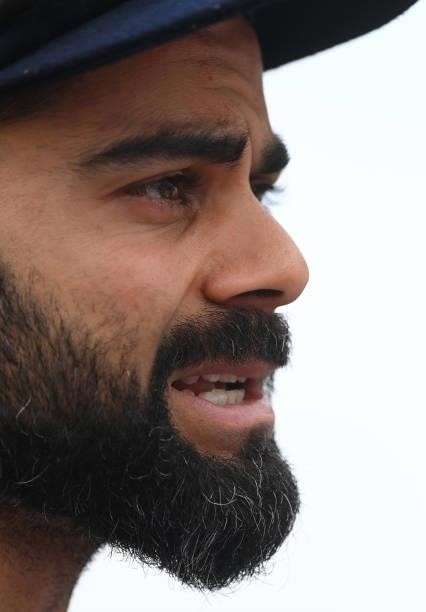 Virat Kohli of India is interviewed before the 3rd LV= Test Match between England and India at Emerald Headingley Stadium on August 25, 2021 in...