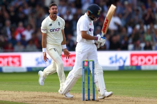 James Anderson of England celebrates taking the wicket of Virat Kohli of India at Emerald Headingley Stadium on August 25, 2021 in Leeds, England.