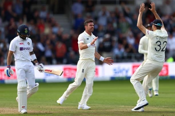 James Anderson of England celebrates taking the wicket of Virat Kohli of India at Emerald Headingley Stadium on August 25, 2021 in Leeds, England.