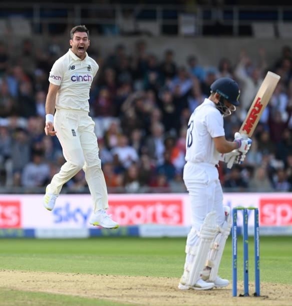 James Anderson of England leaps after dismissing Virat Kohli of India during the 3rd LV= Test Match between England and India at Emerald Headingley...