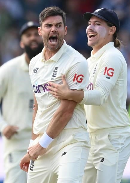 James Anderson is congratulated by Rory Burns of England after dismissing Virat Kohli of India during the 3rd LV= Test Match between England and...
