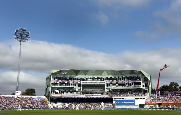 General view of the action during day one of the Third Test Match between England and India at Emerald Headingley Stadium on August 25, 2021 in...