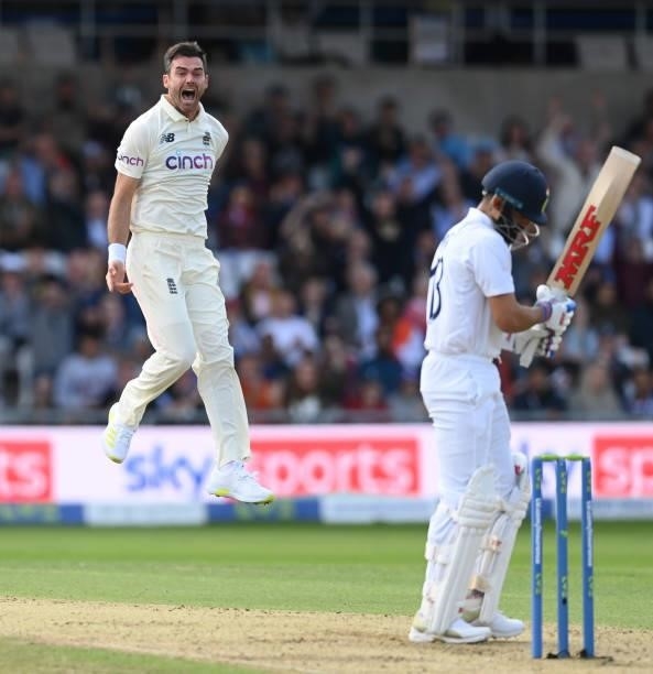 James Anderson of England celebrates after dismissing Virat Kohli of India during the 3rd LV= Test Match between England and India at Emerald...