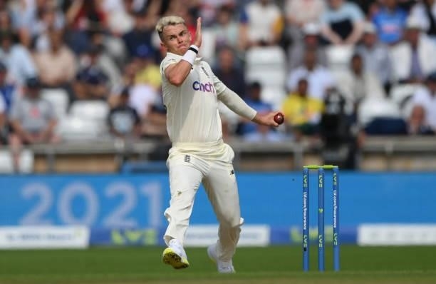 England bowler Sam Curran in bowling action during day one of the Third Test Match between England and India at Emerald Headingley Stadium on August...