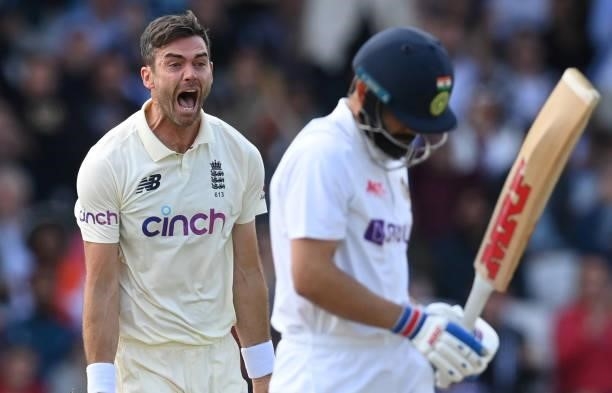 James Anderson of England celebrates after dismissing Virat Kohli of India during the 3rd LV= Test Match between England and India at Emerald...