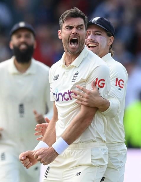 James Anderson is congratulated by Rory Burns of England after dismissing Virat Kohli of India during the 3rd LV= Test Match between England and...