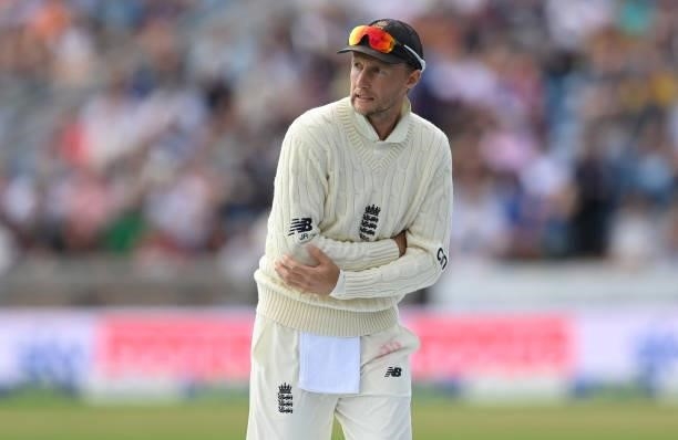 Joe Root of England leaves teh field during the 3rd LV= Test Match between England and India at Emerald Headingley Stadium on August 25, 2021 in...