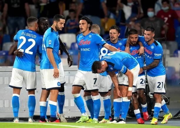 Lorenzo Insigne of SSC Napoli celebrates with team mates after scores his Penalty Goal ,during the Serie A match between SSC Napoli v Venezia FC at...