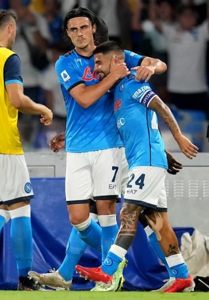Lorenzo Insigne of SSC Napoli celebrates with team mates Elif Elmas after scores his Penalty Goal ,during the Serie A match between SSC Napoli v...