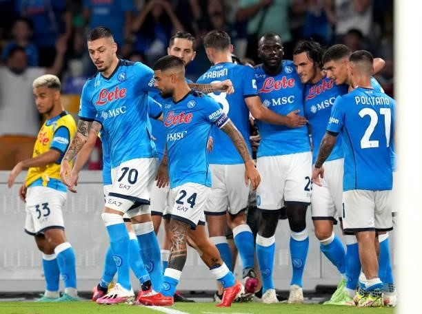 Elif Elmas of SSC Napoli celebrates with team mates after scores his Goal ,during the Serie A match between SSC Napoli v Venezia FC at Stadio Diego...