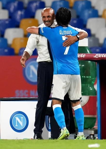 Elif Elmas of SSC Napoli celebrates with Luciano Spalletti Head Coach of SSC Napoli after scores his Goal ,during the Serie A match between SSC...