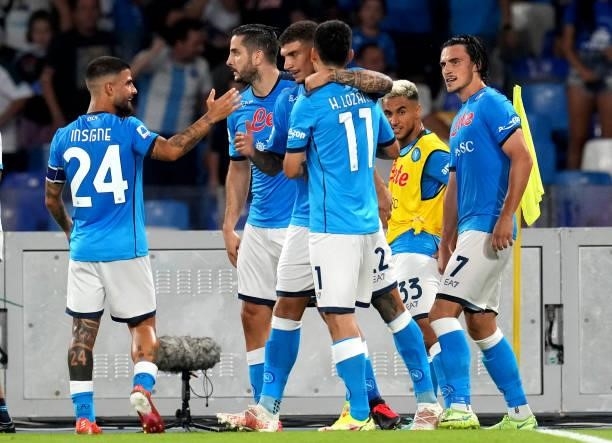 Elif Elmas of SSC Napoli celebrates with team mates after scores his Goal ,during the Serie A match between SSC Napoli v Venezia FC at Stadio Diego...