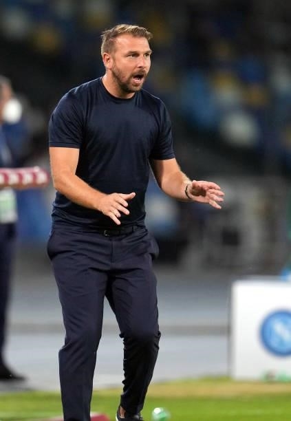 Paolo Zanetti Head Coach of Venezia FC reacts ,during the Serie A match between SSC Napoli v Venezia FC at Stadio Diego Armando Maradona on August...
