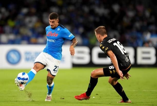 Giovanni Di Lorenzo of SSC Napoli competes for the ball with Daan Heymans of Venezia FC ,during the Serie A match between SSC Napoli v Venezia FC at...