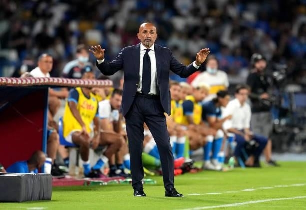 Luciano Spalletti Head Coach of SSC Napoli reacts ,during the Serie A match between SSC Napoli v Venezia FC at Stadio Diego Armando Maradona on...