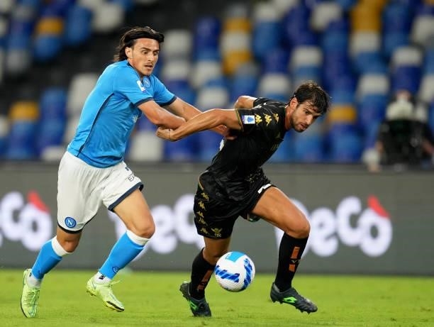 Elif Elmas of SSC Napoli competes for the ball with Pietro Ceccaroni of Venezia FC ,during the Serie A match between SSC Napoli v Venezia FC at...