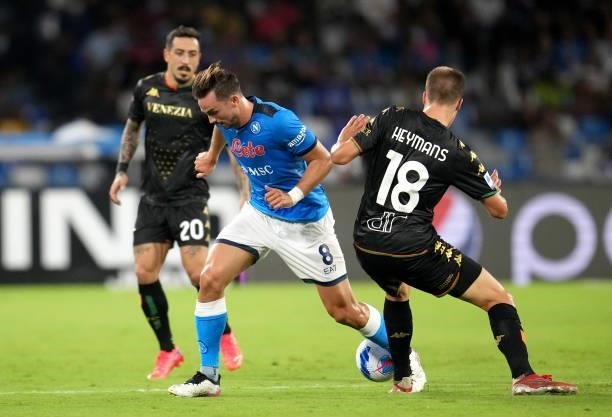 Fabian Ruiz of SSC Napoli competes for the ball with Daan Heymans and Francesco Di Mariano of Venezia FC ,during the Serie A match between SSC Napoli...