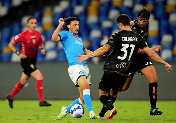 Elif Elmas of SSC Napoli competes for the ball with Mattia Caldara and Pietro Ceccaroni of Venezia FC ,during the Serie A match between SSC Napoli v...