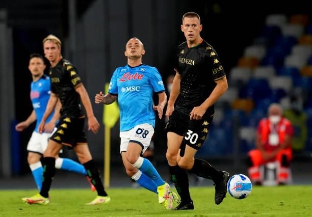 Michael Svoboda of Venezia FC competes for the ball with Stanislav Lobotka of SSC Napoli ,during the Serie A match between SSC Napoli v Venezia FC at...