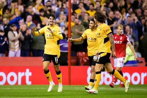 Francisco Trincao of Wolverhampton Wanderers celebrates after scoring his team's third goal during the Carabao Cup Second Round match between...