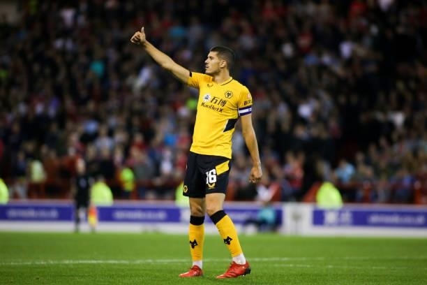 Conor Coady of Wolverhampton Wanderers reacts during the Carabao Cup Second Round match between Nottingham Forest and Wolverhampton Wanderers at City...
