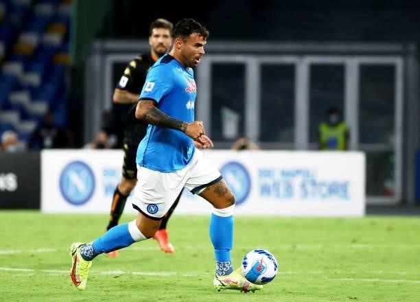 Andrea Petagna of SSC Napoli in action ,during the Serie A match between SSC Napoli v Venezia FC at Stadio Diego Armando Maradona on August 22, 2021...