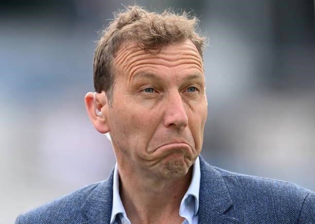 Michael Atherton of Sky television pulls a face before the 3rd LV= Test Match between England and India at Emerald Headingley Stadium on August 25,...
