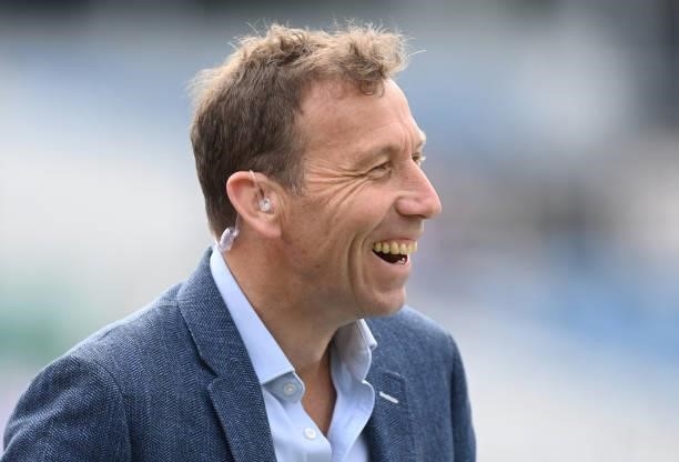 Michael Atherton of Sky television laughs before the 3rd LV= Test Match between England and India at Emerald Headingley Stadium on August 25, 2021 in...