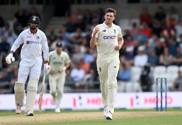 Craig Overton of England celebrates dismissing Mohammed Siraj of India during day one of the Third LV= Insurance Test Match between England and India...