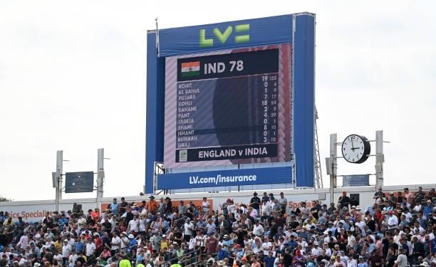 The big screen displays India first innings after they were dismissed for 78 runs during day one of the Third LV= Insurance Test Match between...