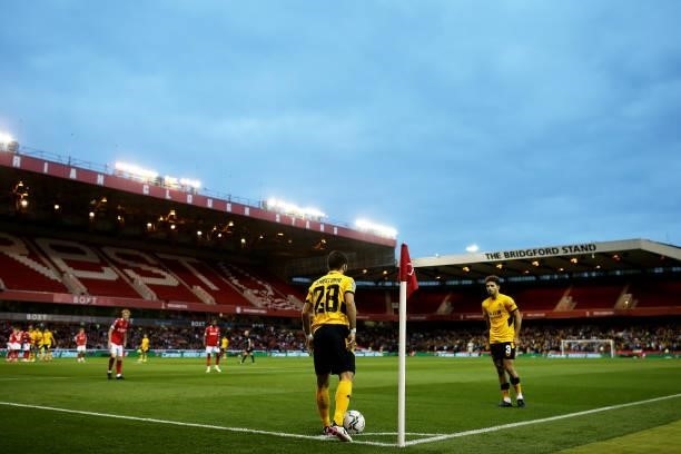 General view as Joao Moutinho of Wolverhampton Wanderers prepares to take a corner during the Carabao Cup Second Round match between Nottingham...