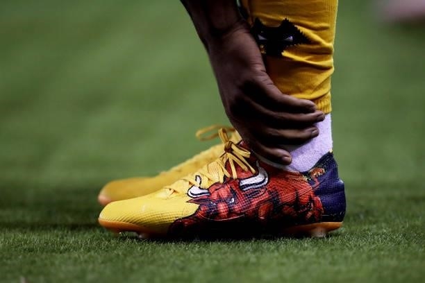 The boots of Adama Traore are seen during the Carabao Cup Second Round match between Nottingham Forest and Wolverhampton Wanderers at City Ground on...