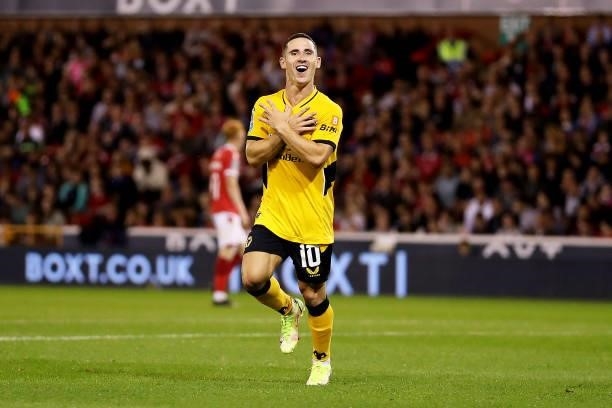 Daniel Podence of Wolverhampton Wanderers celebrates after scoring his team's second goal during the Carabao Cup Second Round match between...