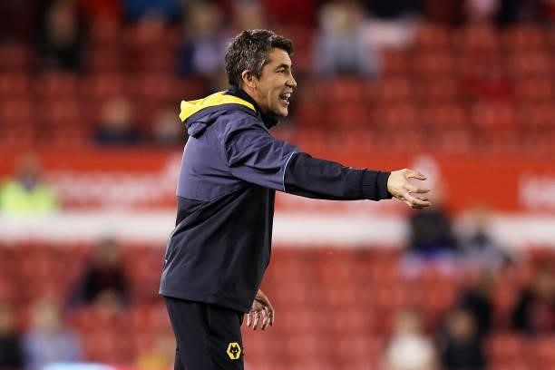 Bruno Lage, Manager of Wolverhampton Wanderers gives his team instructions during the Carabao Cup Second Round match between Nottingham Forest and...