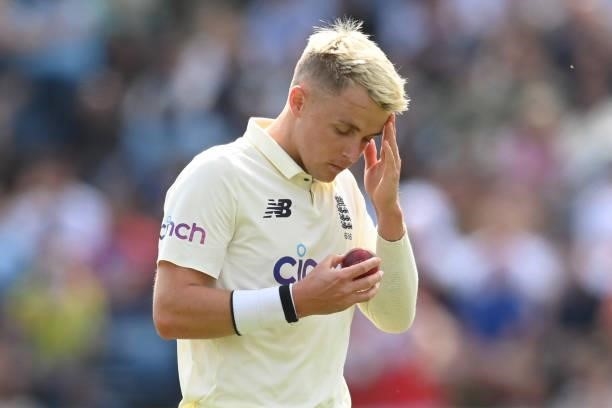 Sam Curran of England wipes his head during the 3rd LV= Test Match between England and India at Emerald Headingley Stadium on August 25, 2021 in...