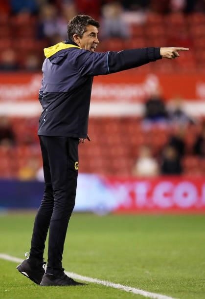 Bruno Lage, Manager of Wolverhampton Wanderers gives his team instructions during the Carabao Cup Second Round match between Nottingham Forest and...
