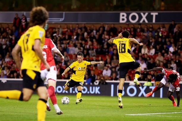 Daniel Podence of Wolverhampton Wanderers scores his team's second goal during the Carabao Cup Second Round match between Nottingham Forest and...