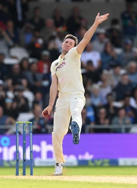 Craig Overton of England bowls during the 3rd LV= Test Match between England and India at Emerald Headingley Stadium on August 25, 2021 in Leeds,...