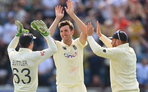 Craig Overton of England celebrates with Jos Buttler and Jonny Bairstow after dismissing Mohammed Shami of India during the 3rd LV= Test Match...